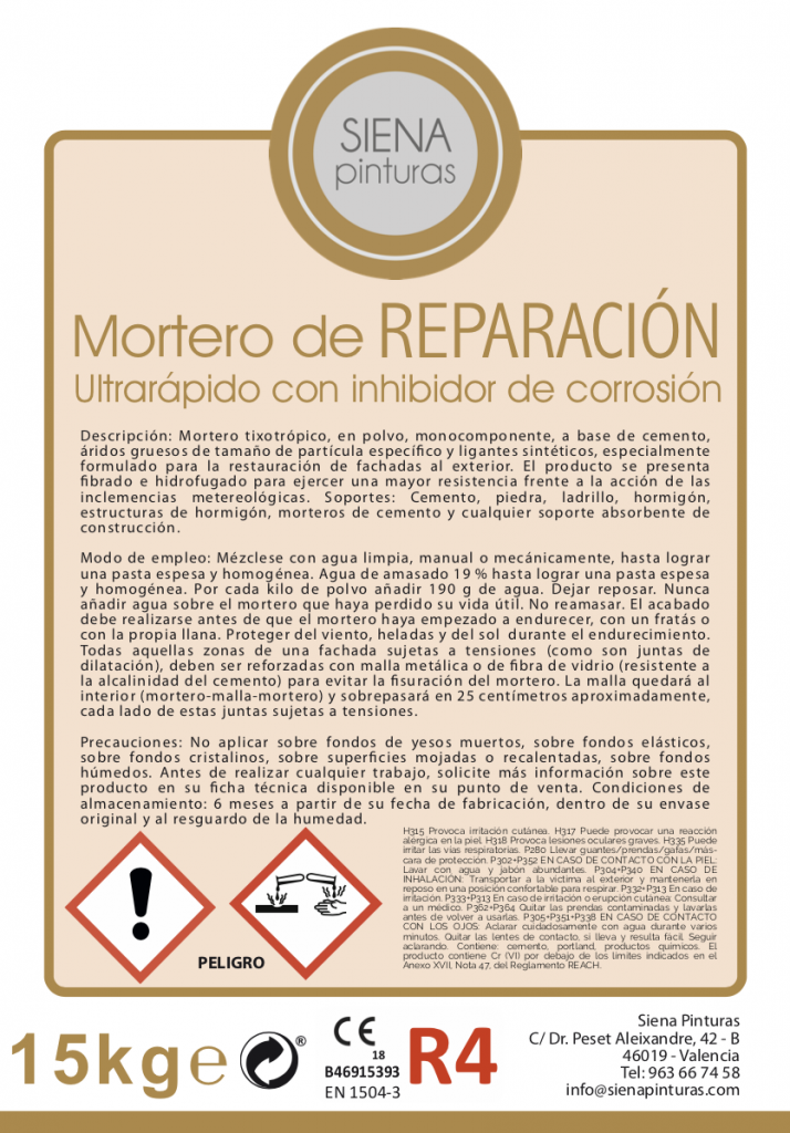 Siena Pinturas - Mortero Reparación Ultrarrápido